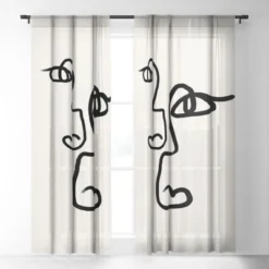 Bohomadic Studio Double Line Faces Black Single Panel Sheer Window Curtain - Society6